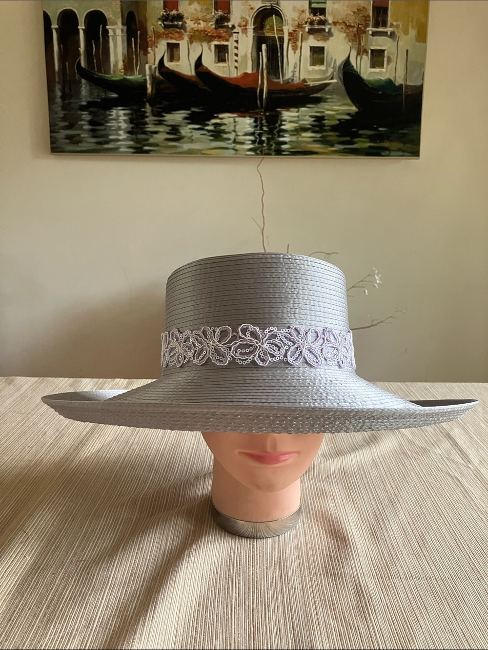 Elegant  Gray Satin Ribbon Wide Brim Hat with White Lace Sequined Floral Band